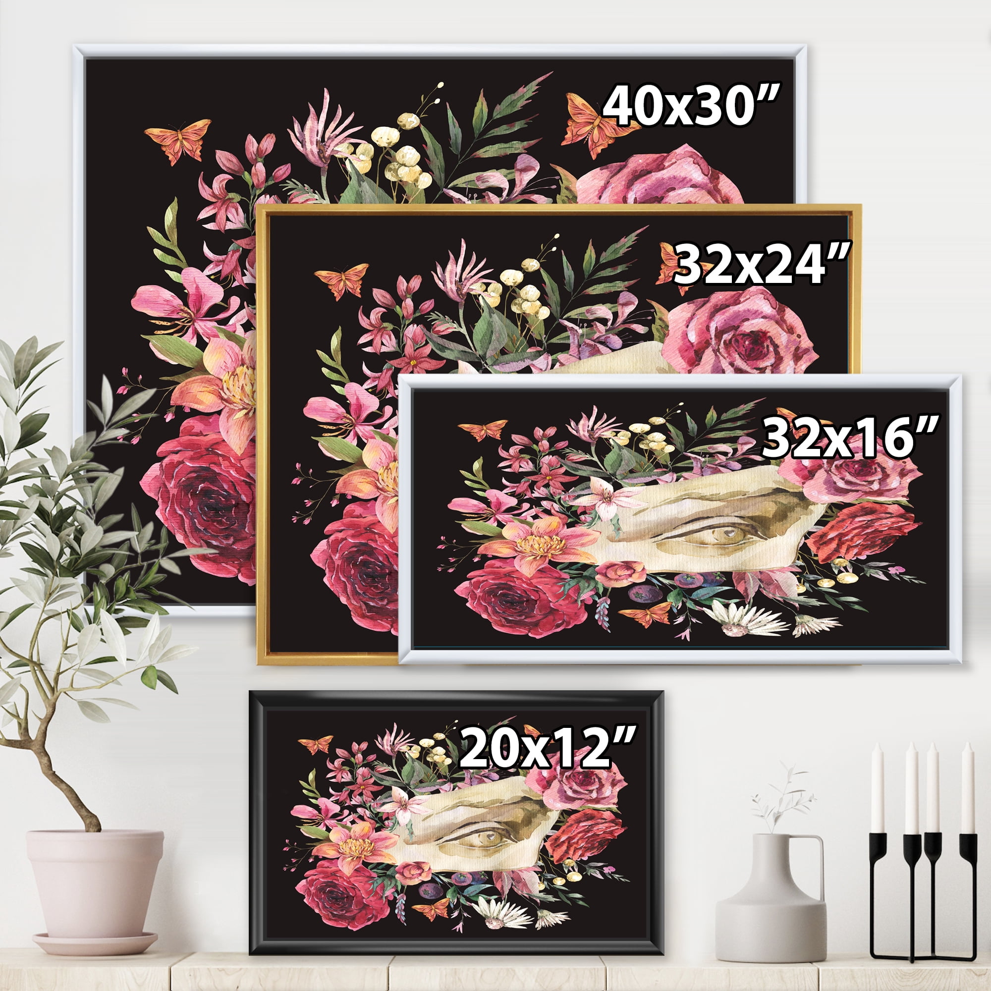 Designart 'Dried Wildflowers With Greek Sculpture David Eye' Farmhouse Framed Canvas Wall Art Print