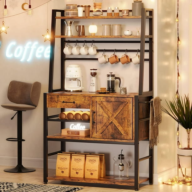 Brown Baker's Rack Farmhouse Coffee Bar Cabinet with Wine Rack, Storage