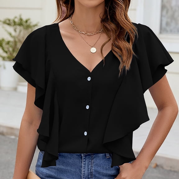 YHAJDS Women's Plus Size Tops Solid Color V Neck Ruffle Sleeve Button Front Blouse
