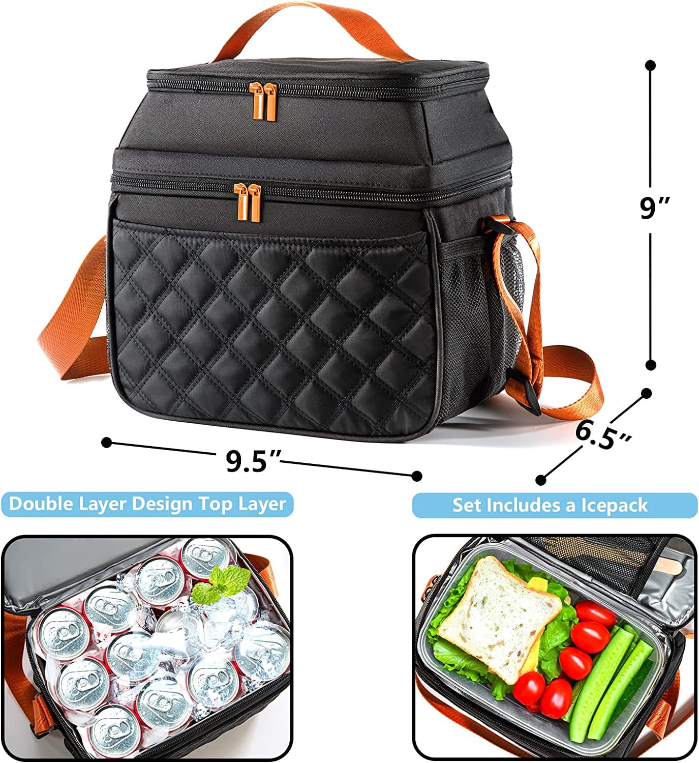 Insulated Lunch Bags with Ice Pack, Double Layer Lunch Bag for Work and School Black