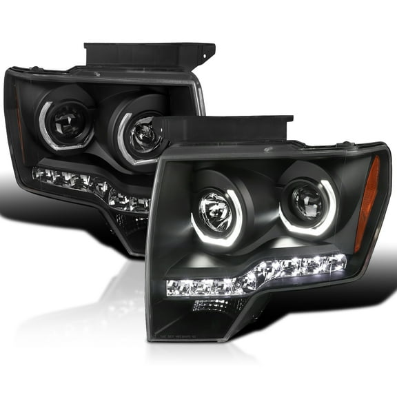Spec-D Tuning Black LED Dual U-Halo Rims Projector Headlights Compatible with 2009-2014 Ford F150, Left   Right Pair Headlamps Assembly