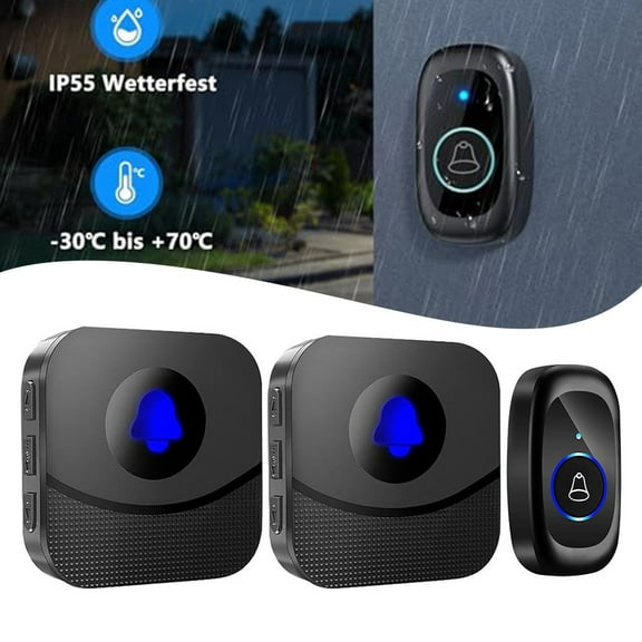 Wireless Outdoor Bell Waterproof 400M Range Doorbell Set Multifunctional Sound Options ABS Black Door Bell With 2 Receivers