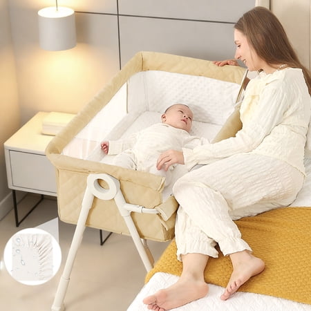 Baby Bassinet Bassinet Bedside Sleeper with Waterproof Crib Sheet Carry Bag and Mattress Adjustable Height Bedside Bassinets with Wheels Bassinet for Newborn Donpemu Khaki