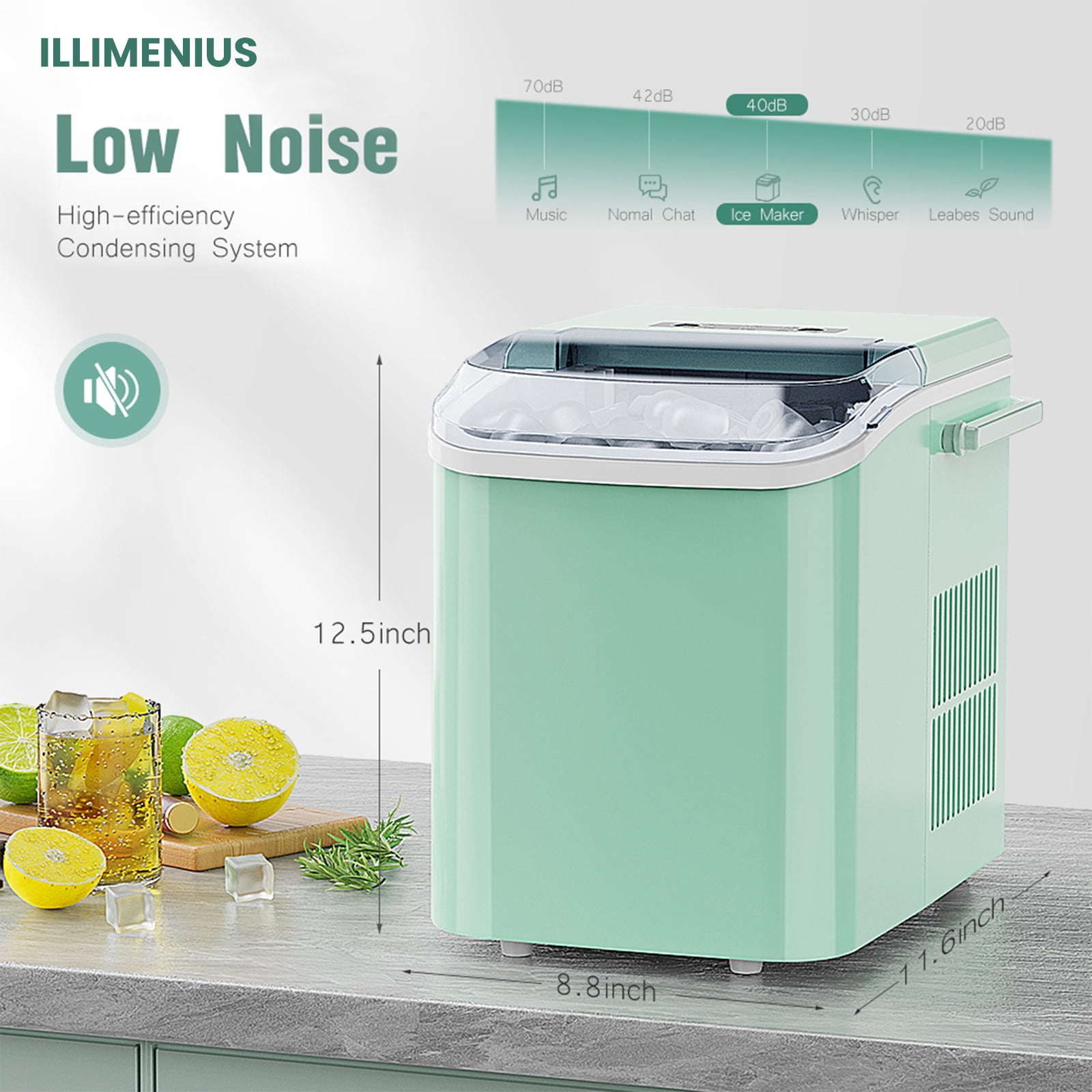 illimenius Portable Countertop Ice Maker, 9Pcs/6Min 26.5Lbs/24H, Green