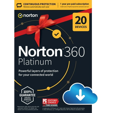 Norton 360 Platinum, Antivirus Software for 20 Devices, 1 Year Subscription, PC/Mac/iOS/Android [Digital Download]