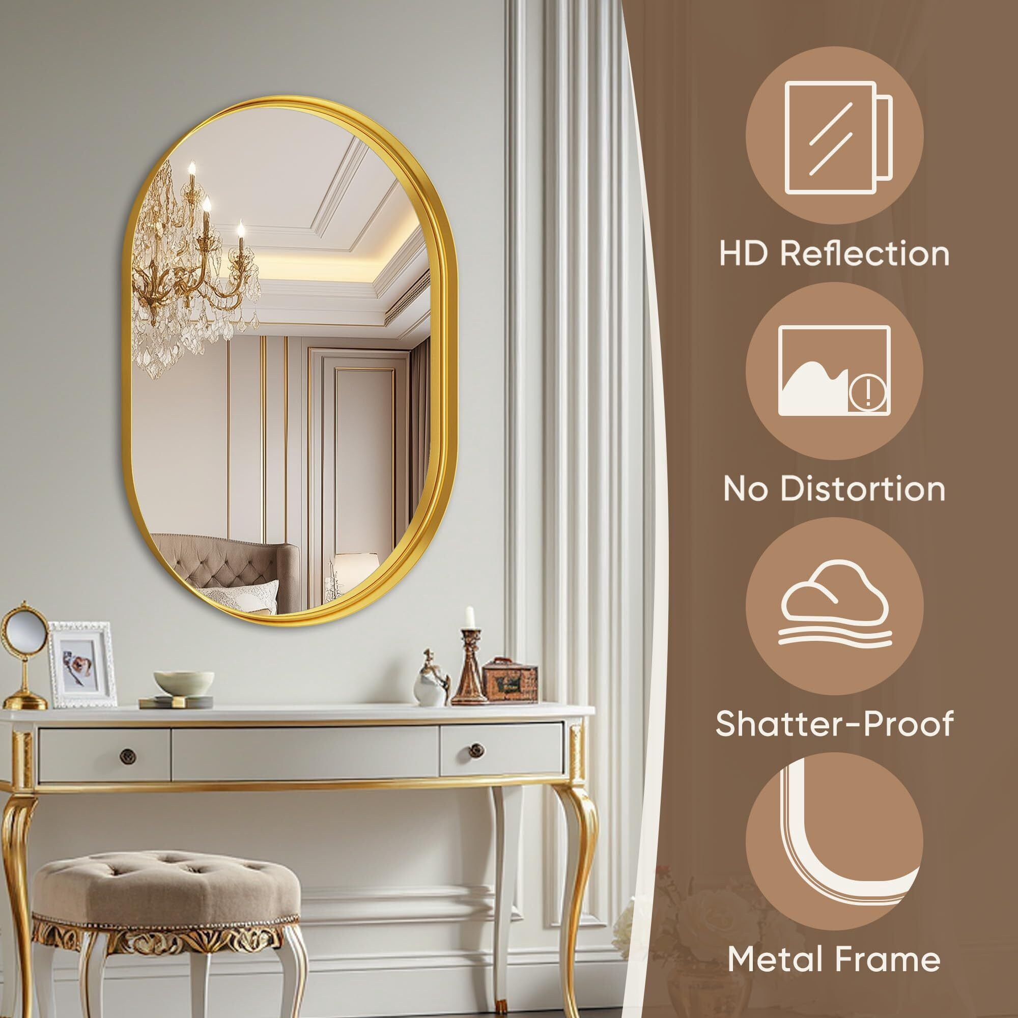 Mirstory 36.2"x 20.1" Oval Wall Vanity Mirror Bathroom Mirror with Aluminum Alloy Deep Frame, Gold