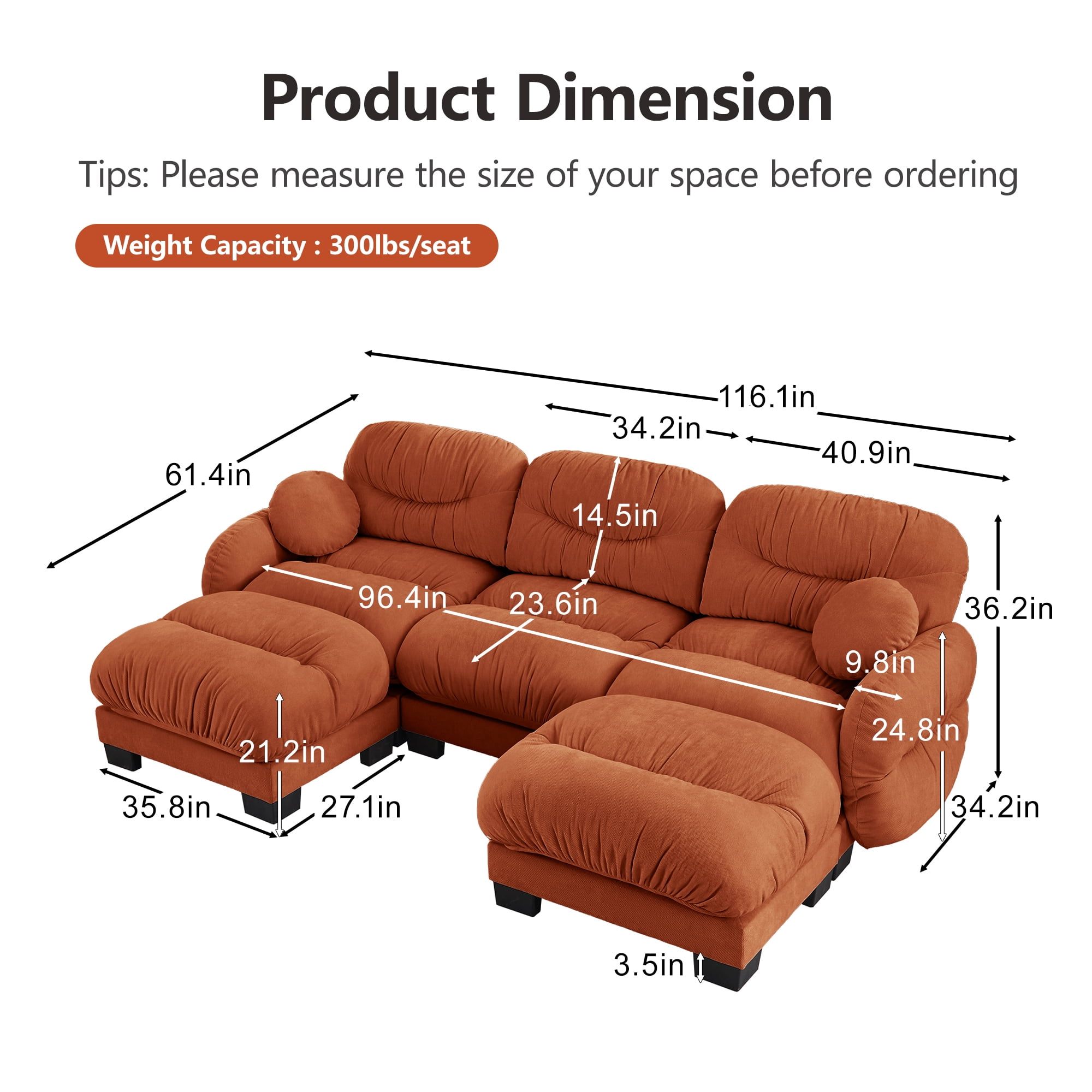 116" 3 Seater Sectional Couch Cozy Chenille U Shape Modular Sofa with 2 Ottoman and 2 Throw Pillows