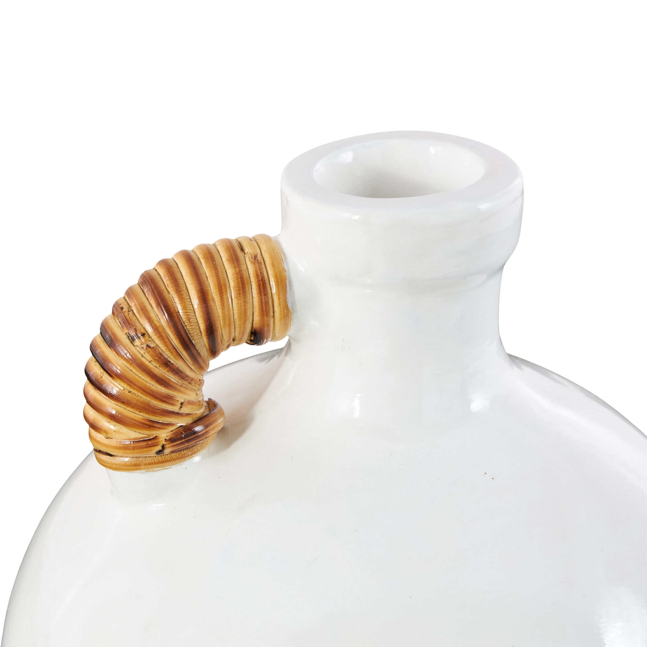 DecMode 11" Jug Inspired White Ceramic Vase with Rattan Wrapped Handle