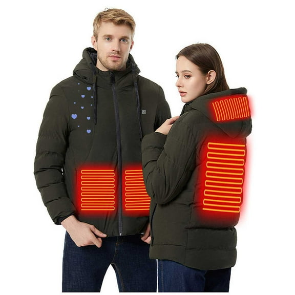 qucoqpe Heated Jacket with Hood (Unisex), 4 Heat Zones, USB Intelligent Constant Temperature, Winter Outdoor Waterproof Windproof Heated Coat for Women and Men (Battery Not Included)