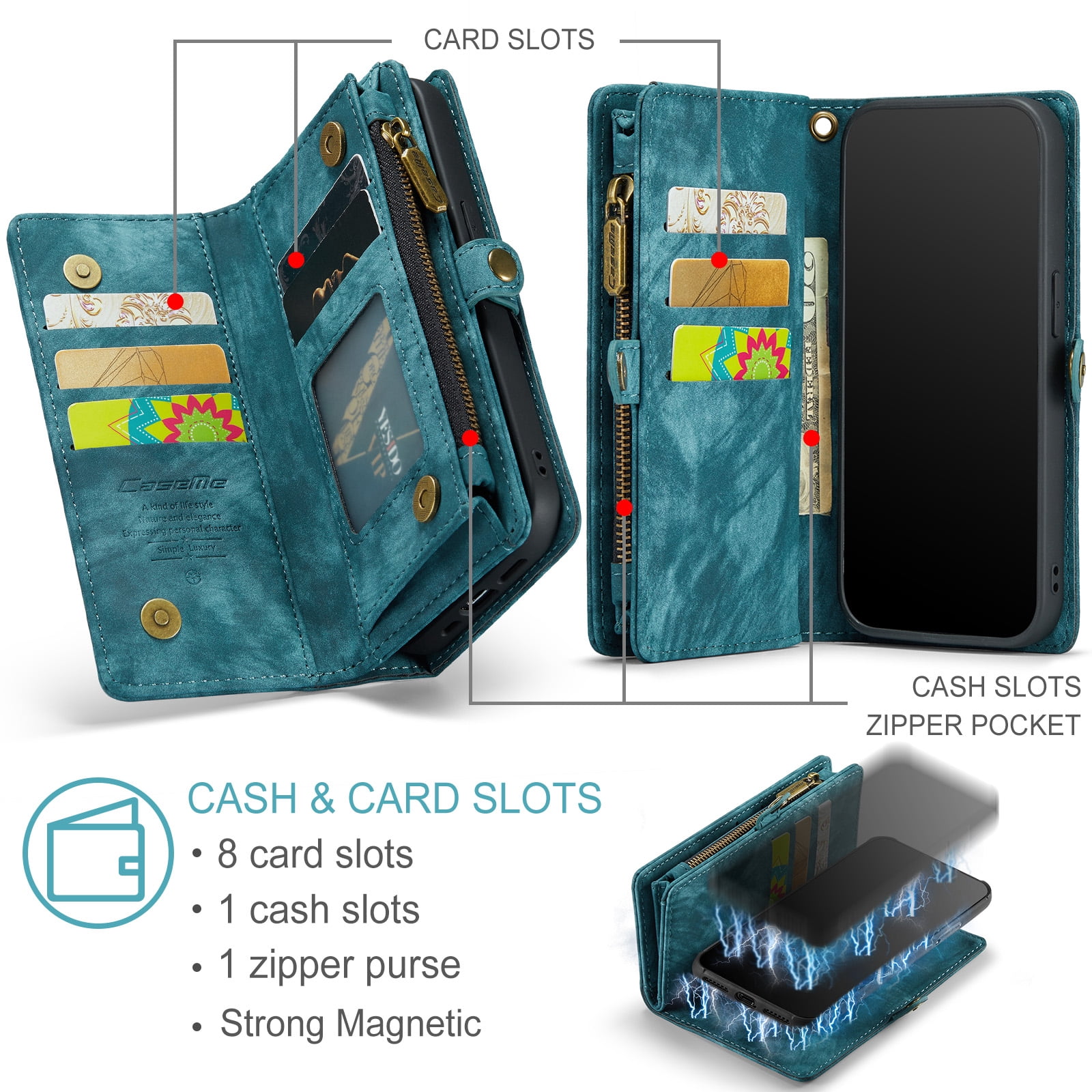 Feishell Durable 2-In-1 Magnetic Detachable Wallet Case for iPhone 11 Pro Max,for Women Men,Premium PU Leather Zipper Pocket Flip Multi Card Slots Purse Phone Case with Wrist Strap,Green