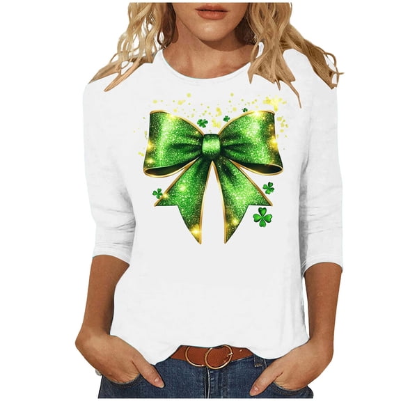 Womens Funny St Patricks Day Shirts 3/4 Sleeve Crewneck Green Graphic Comfy Casual Loose Fit Tee Shirts Pullover Tops (XL, White)