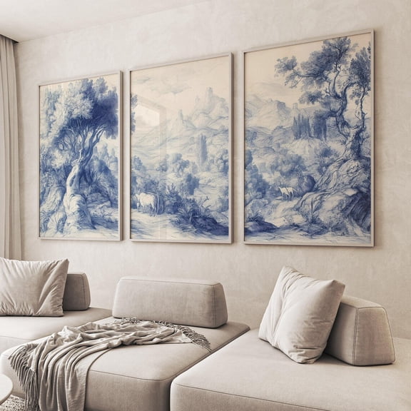 Blue Mountain Forest Art Vintage Landscape Classic Chinoiserie Decor Elegant Botanical Set 3 Unframed Paper Print 8x12