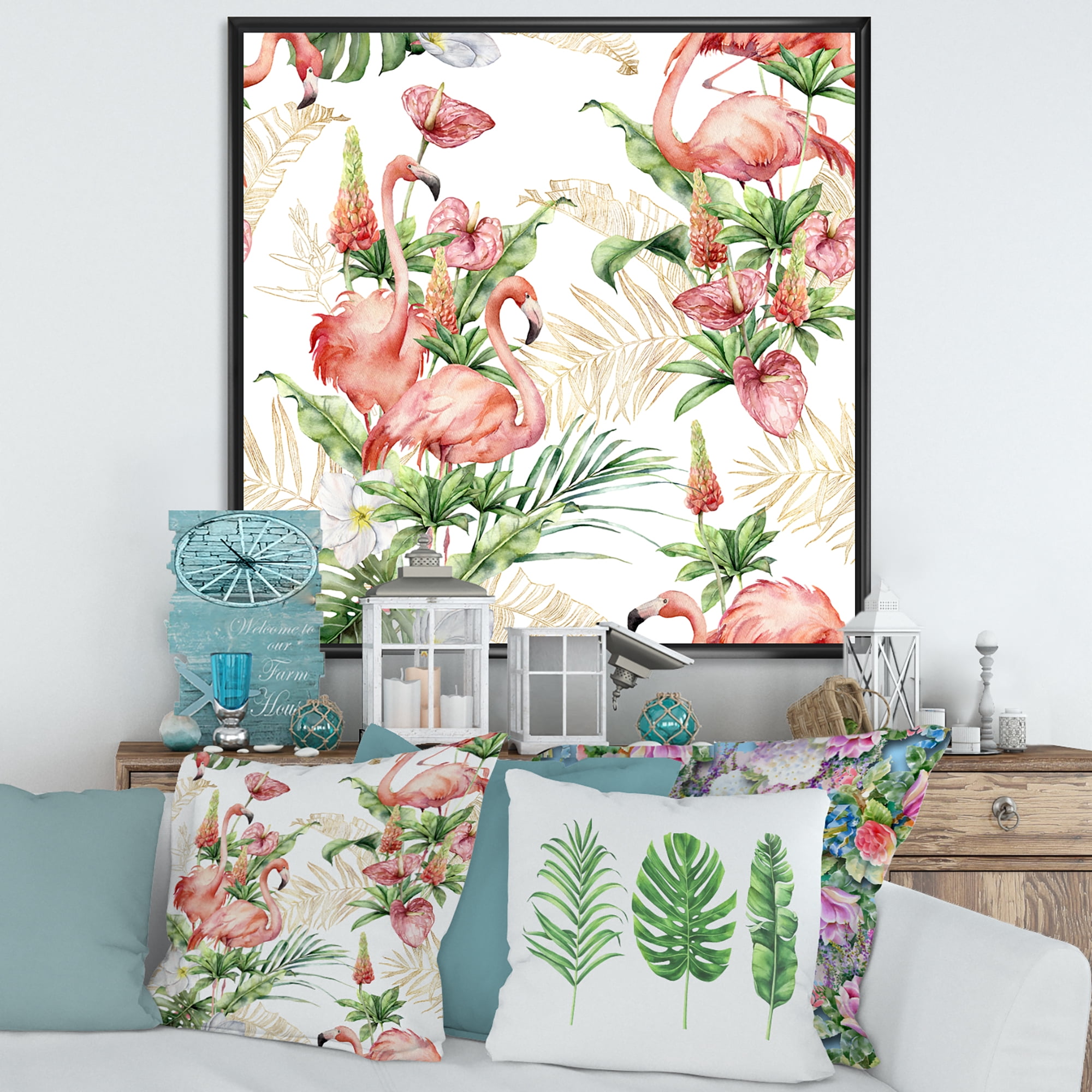 Tropical Flowers & Gold Leaves With Pink Flamingos 36 in x 36 in Framed Painting Canvas Art Print, by Designart