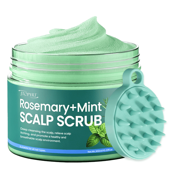 Jtopyrt Rosemary Mint Scalp Scrub & Shampoo 2-in-1 Exfoliating Hair Treatment with Silicone Scalp Massager, 10.23 fl oz/300ml
