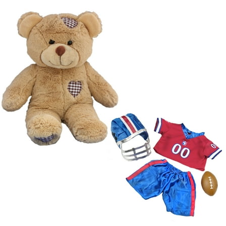 New Brown Patches Bear Stuffed Toy and All-Stars Red and Blue Football Uniform with Helmet and Football - 16" Plush Bear for Football and Cuddles
