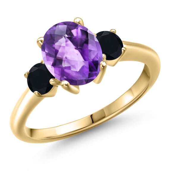 Gem Stone King 10K Yellow Gold Purple Amethyst and Black Onyx Engagement Ring for Women | 1.94 Cttw | Oval Checkerboard 9X7MM | Gemstone February Birthstone | Size 7