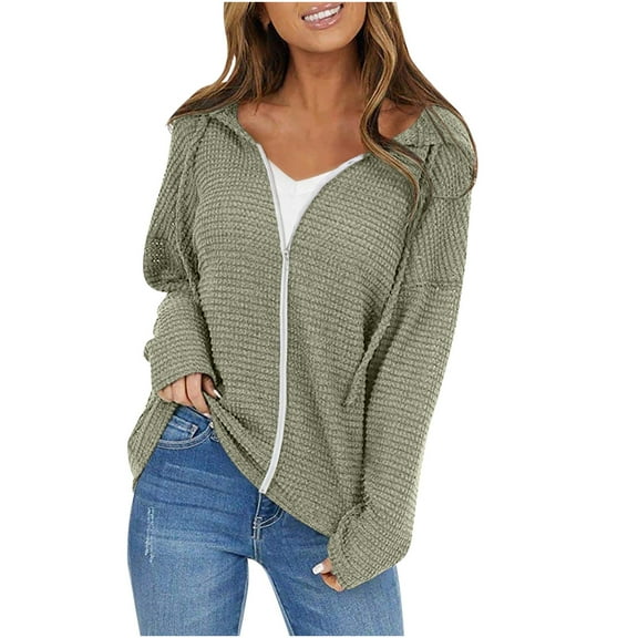 VSSSJ Sweatshirts for Women Long Sleeve Casual Hooded Zip Up Jackets Solid Color Waffle Loose Comfy Lightweight Sweatshirt Coat for Ladies Army Green XL