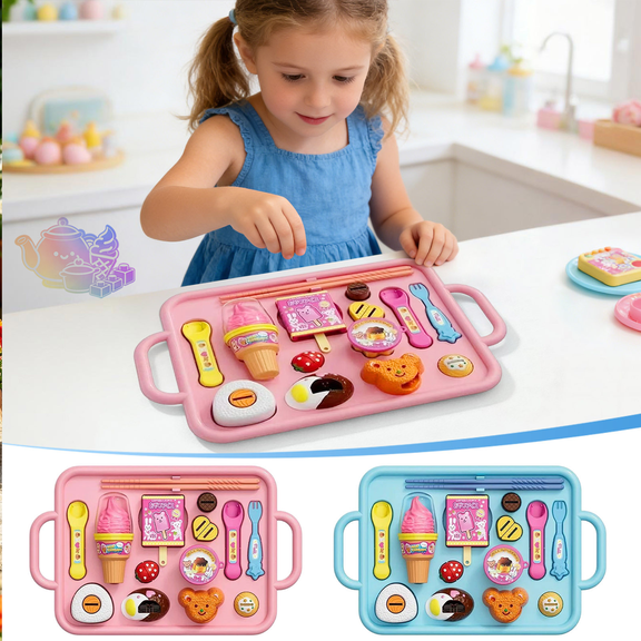 Kids Pretend Dessert Food Playset with Serving Tray, Simulation Ice Cream, Sushi & Pastry Toy Kit, Pretend Play Toy, Snack Shop Role Play Gift for Boys and Girls Ages 3 and Up
