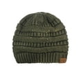 thumbnail image 3 of C.C BeanieTail Sparkly Sequin Cable Knit Messy High Bun Ponytail Beanie Hat, Dark Olive, 3 of 4