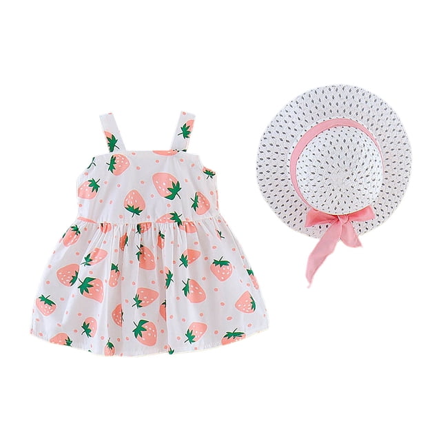 Sunnyoo Robe d'Été Sans Manches Imprimé Fraise Mignonne pour Filles avec Chapeau, Tailles 2-3 Ans