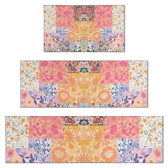 Pioneer Flower Floral Print Pattern Kitchen Rugs Sets Of 3,Kitchen Runner Rugs Non Skid Washable,Decorative Kitchen Floor Mats for Kitchen,Sink,Laundry,17"x30" 17"x47" 17"x59"