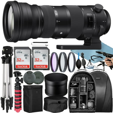Image of Sigma 150-600mm F/5-6.3 DG OS HSM Sports Lens for Nikon F with 2 Pack 32GB SanDisk Memory Card + Tripod + Backpack + A-Cell Accessory Bundle