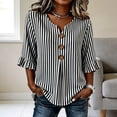 thumbnail image 4 of Qulqfy Blouses for Women Casual 3/4 Sleeve Striped Fall Black Ruffle Button Up Dressy Henley V-Neck Womens Tops L, 4 of 5