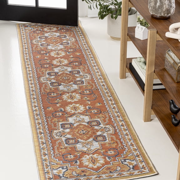 JONATHAN Y SAVANNAH 2 x 8 Runner Rug, Bijan Vintage Medallion Machine-Washable Reversible - Terra/Blue/Cream, SVH107A-28