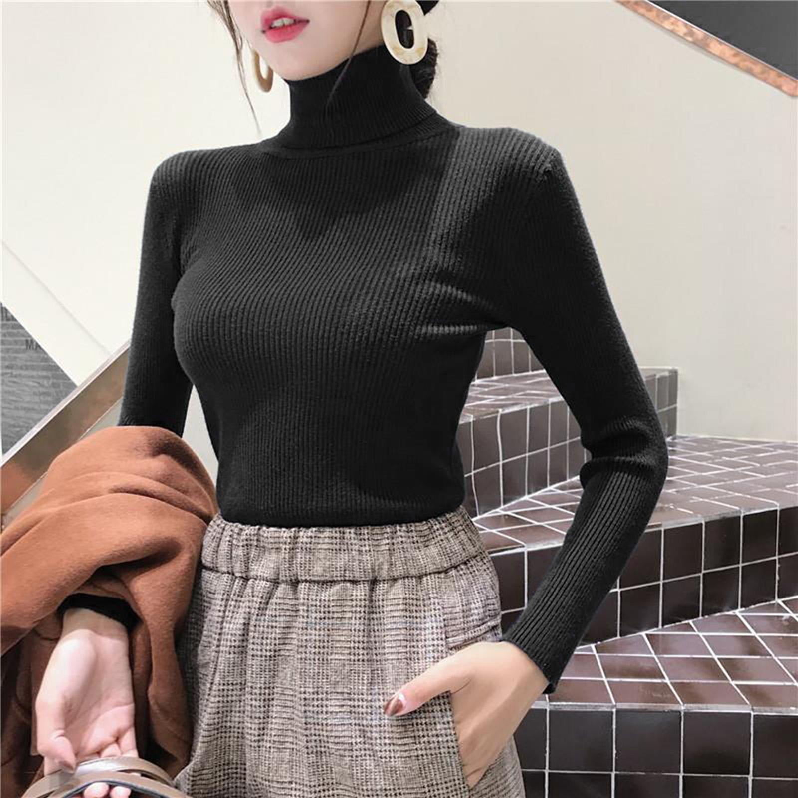Bunblic Ladies Women Turtleneck Ribbed Sweater Black