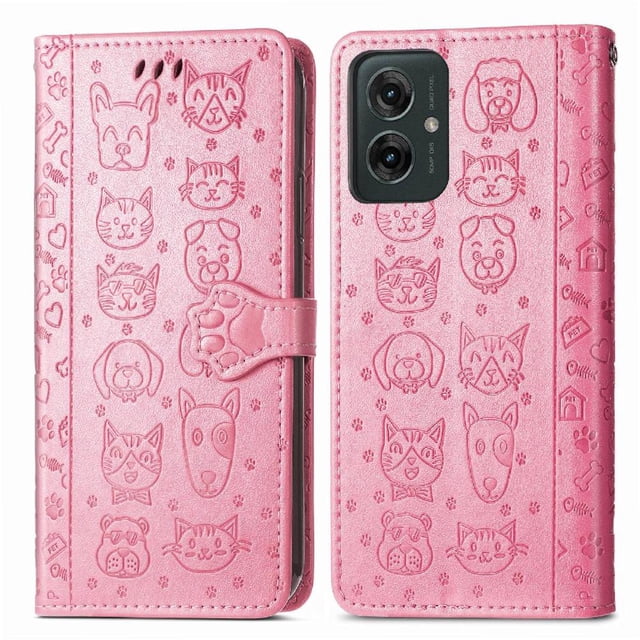 Funda Cartera FOXDOCK para Motorola Moto G35 , Flip PU con Relieve de Gatos y Perros, Tarjetero y Soporte