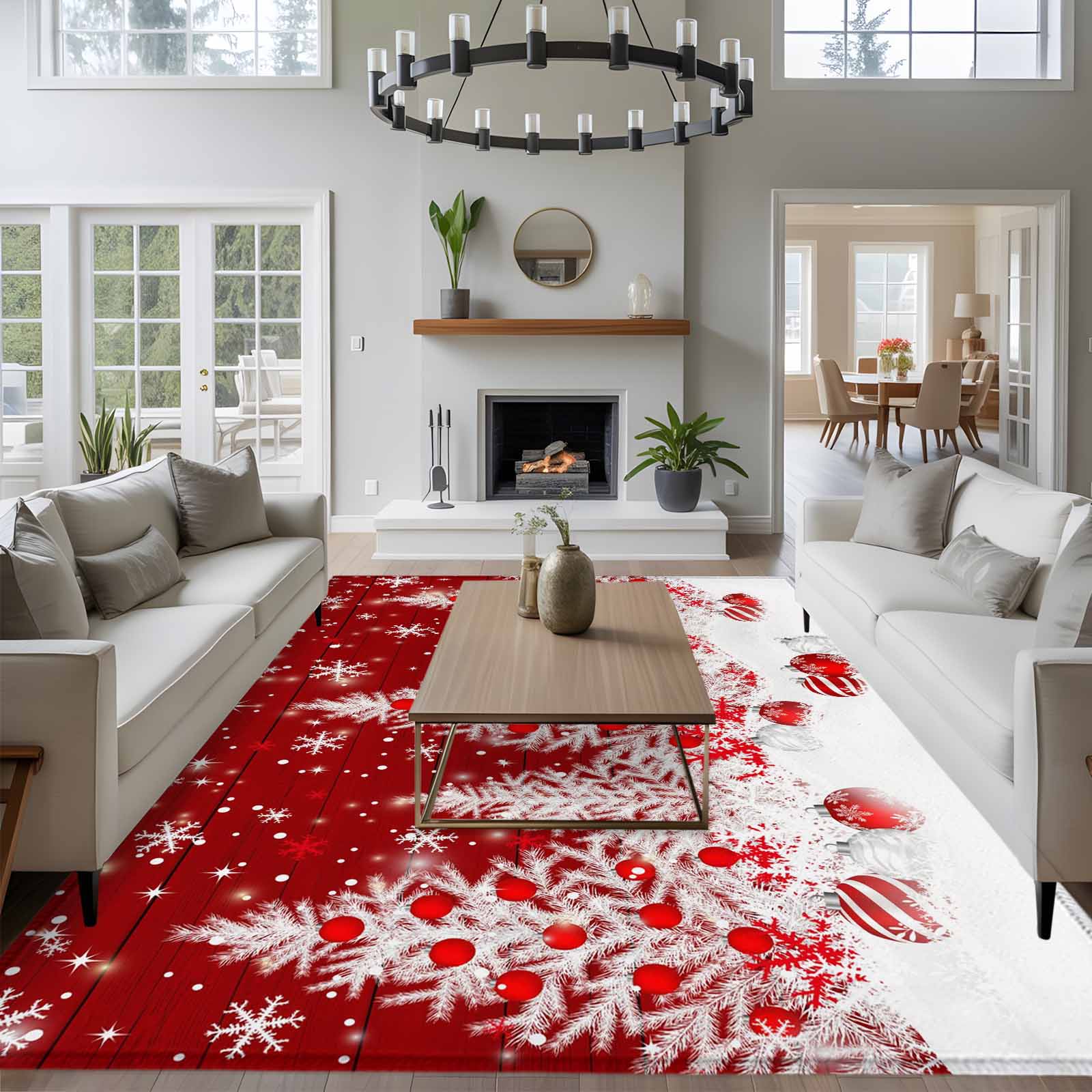 6x9 Area Rugs for Living Room, Red Christmas Non Slip Area Rugs for Kitchen Bedroom Entryway, Snowflake Xmas Tree Ball Wooden Winter Washable Carpet Runner Rug Floor Mats for Bedroom Home Decor