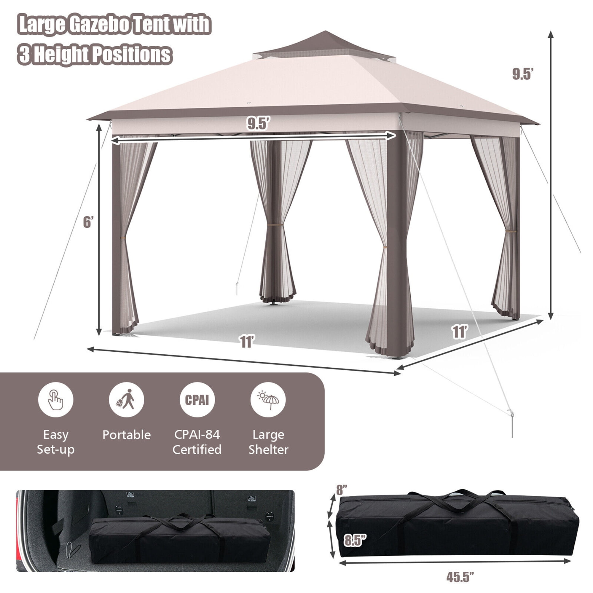 Gymax 11 x 11 ft Pop up Gazebo 2-Tier Patio Canopy Tent Shelter w/ Carrying Bag Beige