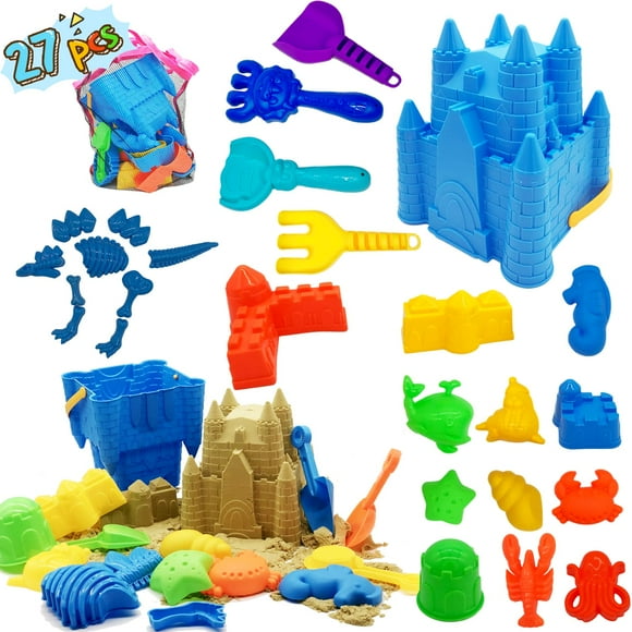 Moldes tipo castillo de Beach Sand Toys SupMLC, 27 unidades, con balde y bolsa