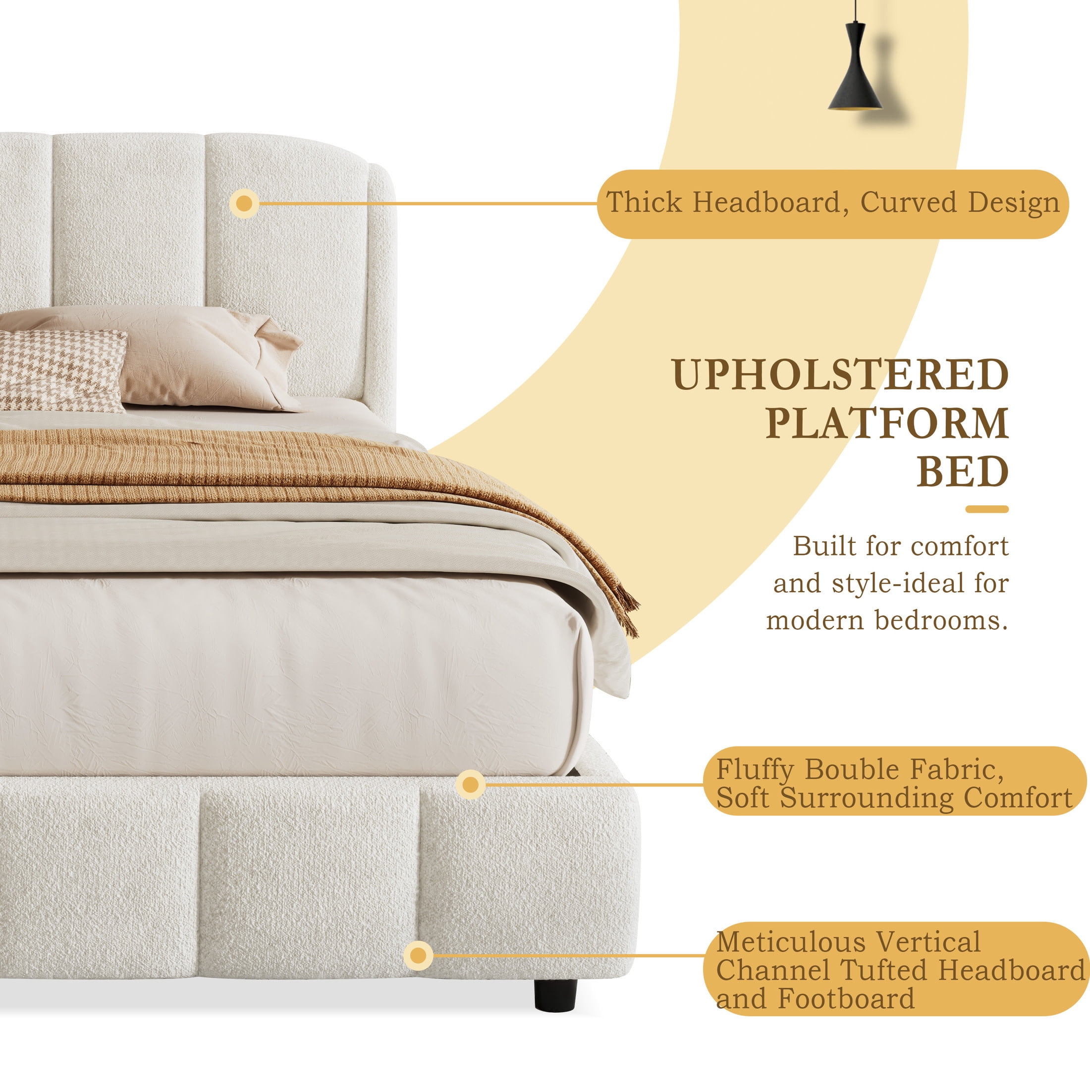 Christopher Knight Home 87.75" King Size Bed Frame with Curved-Shaped Headboard, Beige Boucle Upholstery