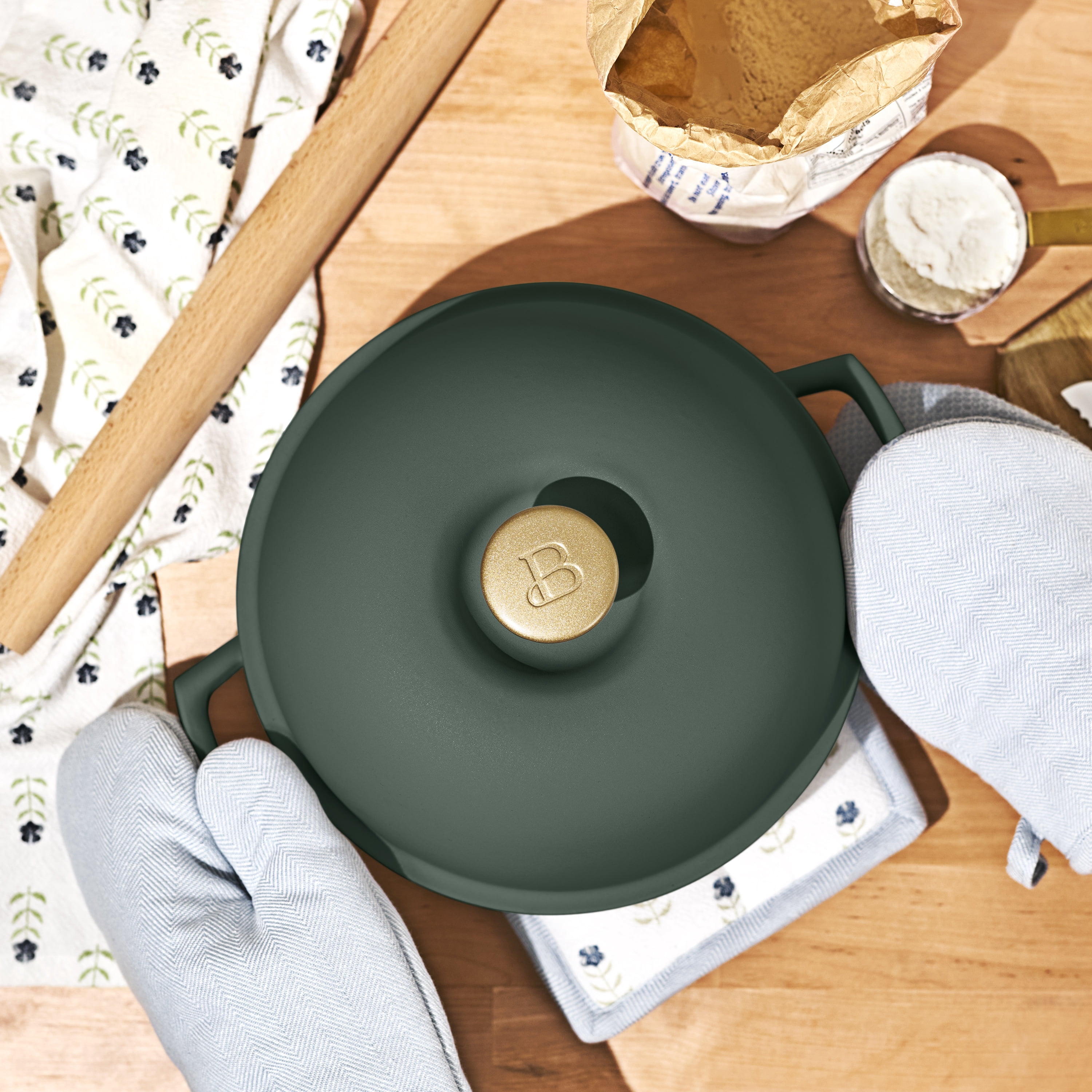 Beautiful Enameled Cast Iron Bread Oven by Drew Barrymore, 10 in, Round, 5 qt, Thyme Green