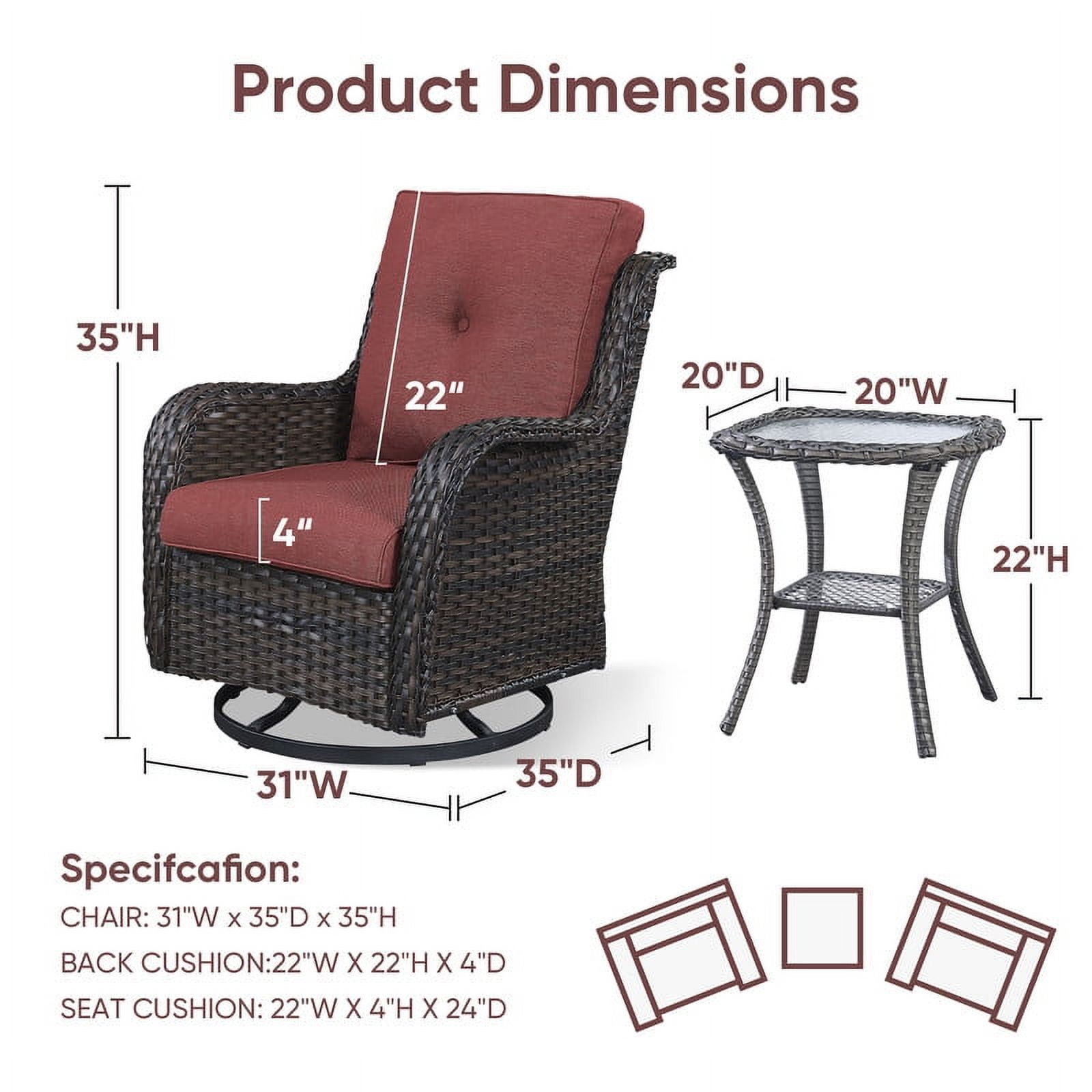 PARKWELL 3-Piece Outdoor Swivel Gliders with Thick Cushions and Side Table - Rattan Wicker Bistro Furniture Set - Brown Wicker and Red Cushion