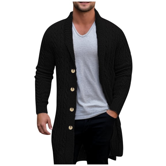 Men's Cable Knit Long Cardigan Button Front Shawl Collar Sweater Coat