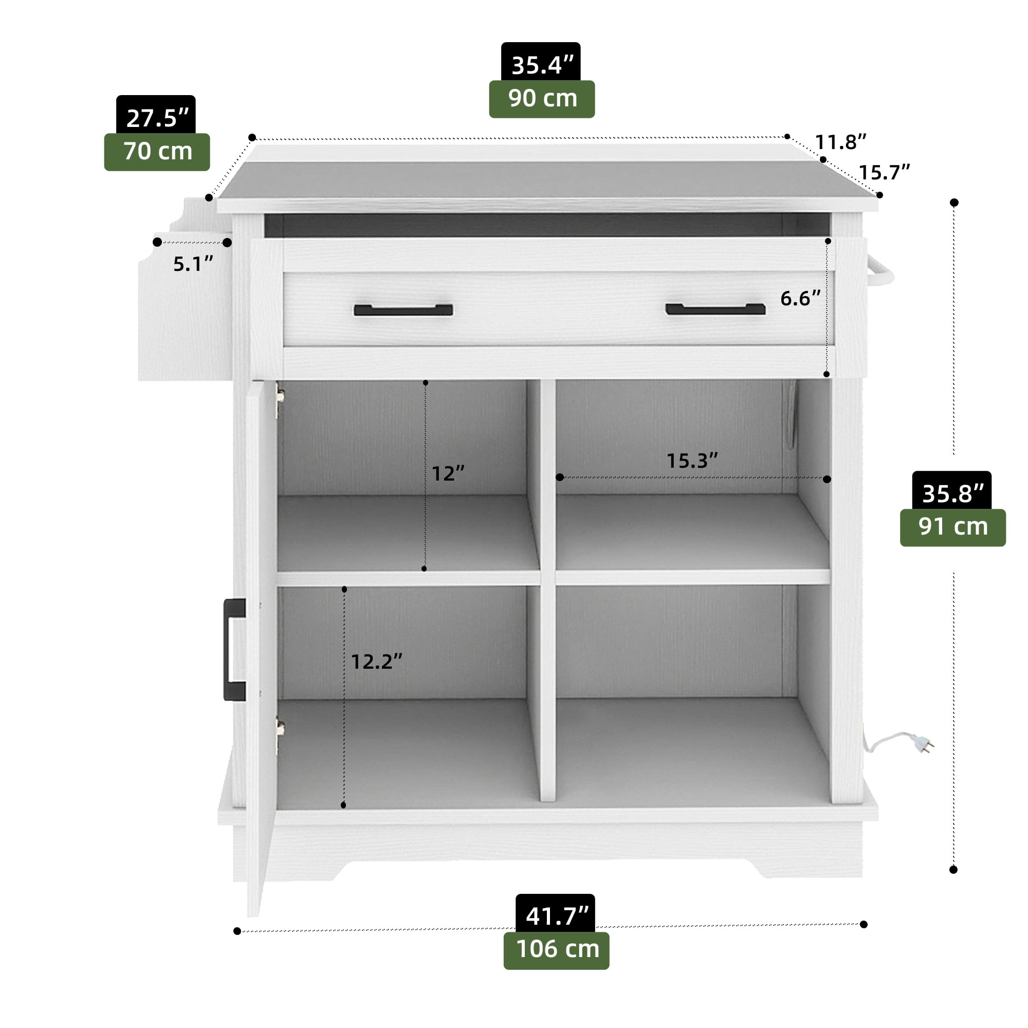 Uforic Kitchen Island Table with Drop Leaf & Storage, Kitchen Cart with Power Outlets, White