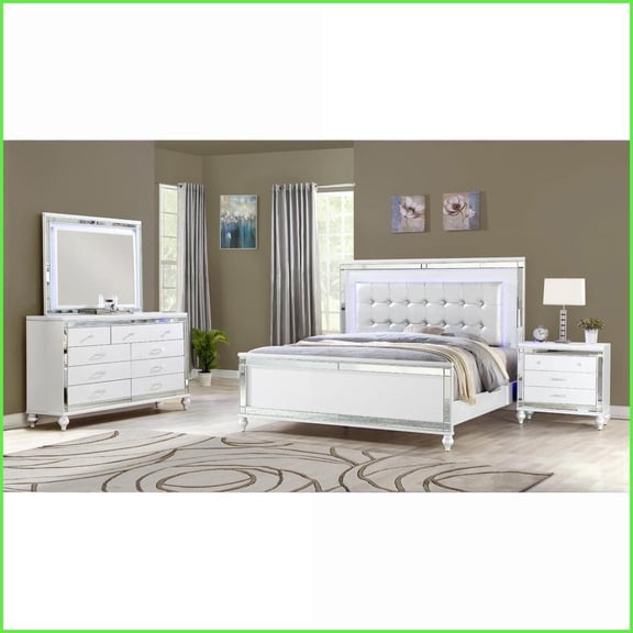 Bedroom Furniture Set Queen 4PC White Wood with LED Lights & Storage | Wood | Double Dressers