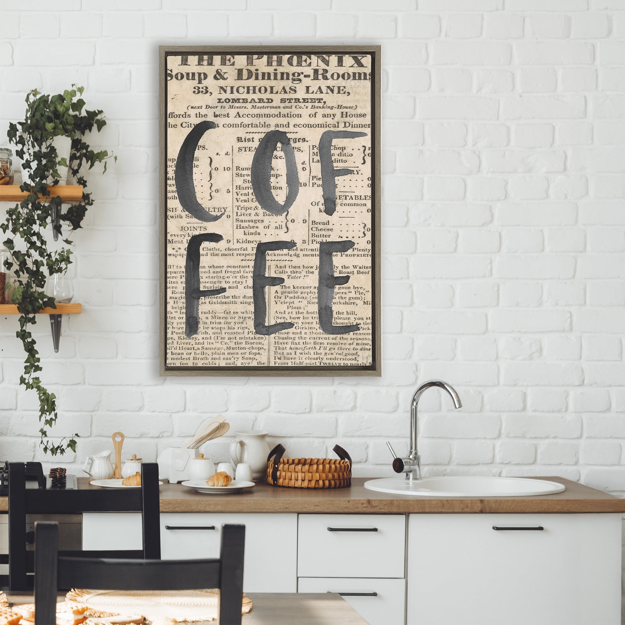 Stupell Industries Vintage Coffee Newspaper Brown Framed Floater Canvas Wall Art, design by Lucille Price