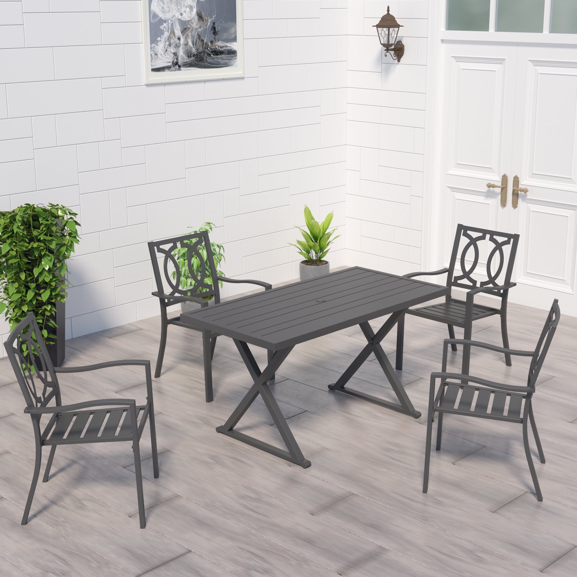 Ulax Furniture 5Piece Outdoor Patio Dining Set Stackable Metal Chairs