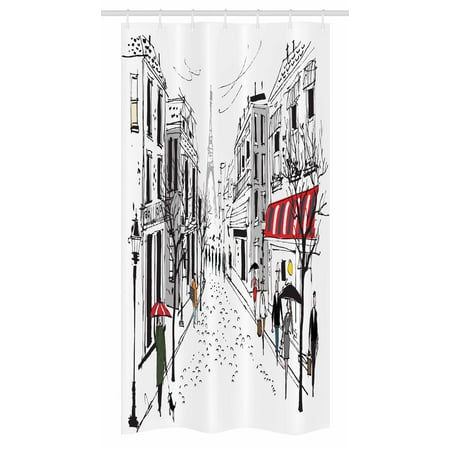 Paris Stall Shower Curtain, Old French Pedestrians Stores Trees and the Silhouette of Eifffel Urban Illustration, Fabric Bathroom Set with Hooks, 36W X 72L Inches Long, Multicolor, by