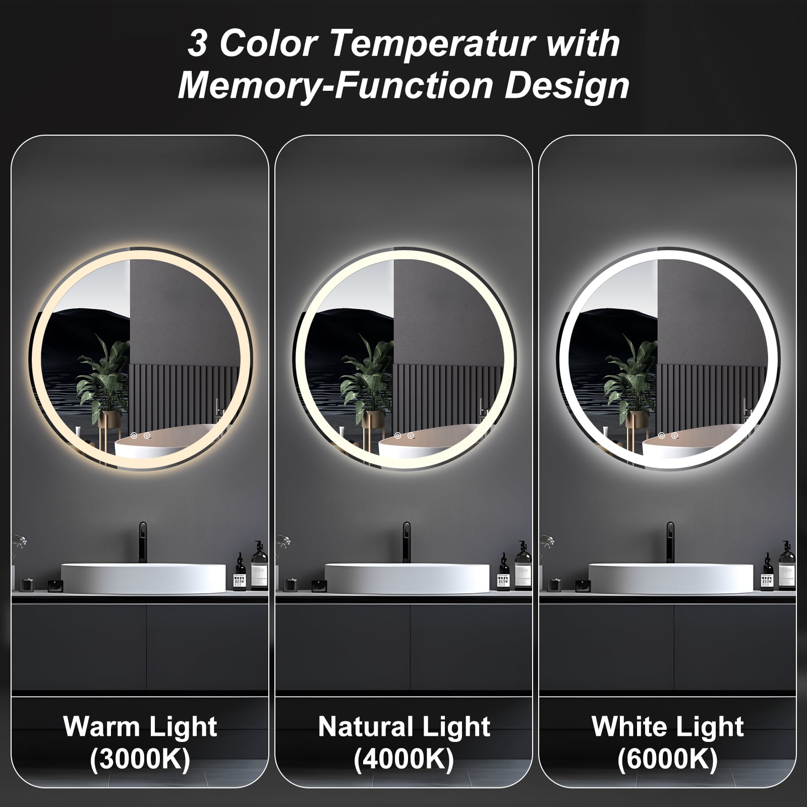 Gianna 36"x36" Round LED Bathroom Mirror with Anti-Fog, Dimmable Front and Backlit Lighting, 3 Color Temperatures