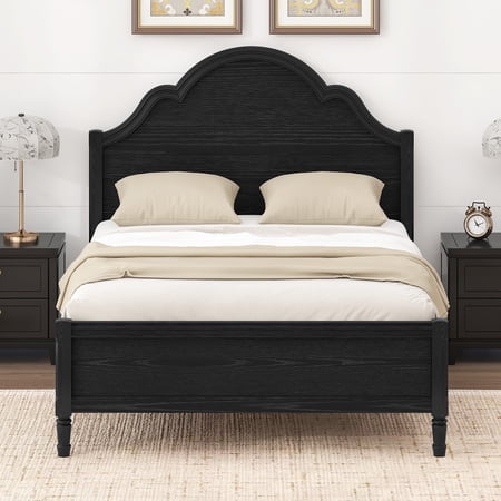 Euroco Wood Full Size Platform Bed with Headboard, No Spring Box Needed, Black