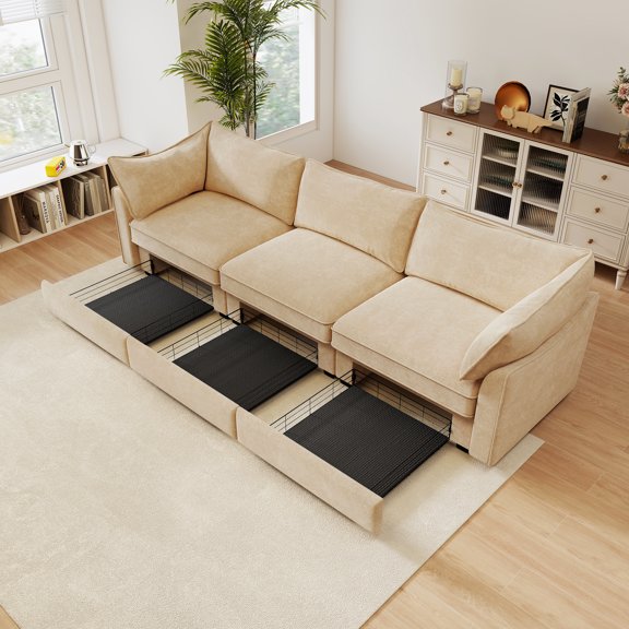 Newest 3-seater sofa,,a pull-out drawer under each seat, designed,crescent-shaped armrests,,equipped,wraparound back,arm cushions, chenille fabric, wheat colour.