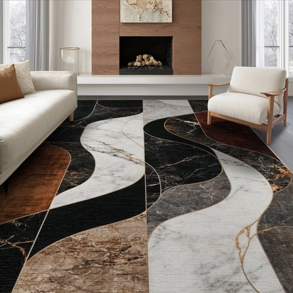 ODIKA 6'x9' Washable Area Rug Tan Grey Throw with Abstract Swirls Modern Marble-Inspired and Ribbon Motifs for Family Room, Living Room, Master Bedroom, Non-Slip, Easy Care