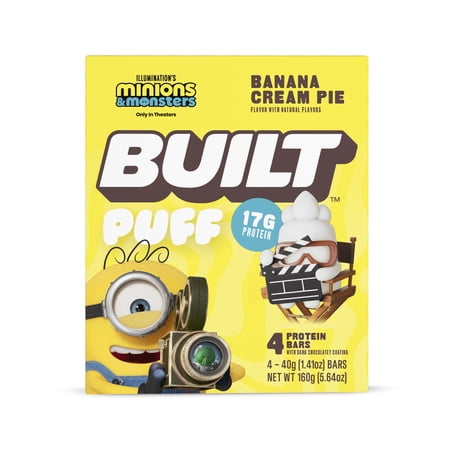 BUILT Puff Protein Bar, Banana Cream Pie, 17g Protein, Collagen, 140 Calories, 4 Count Box, 1.41 oz Bars