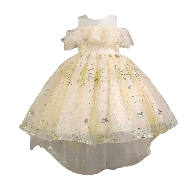 Girls Princess Gown Performance Girls Off Shoulder High Low Dress with Layered Tulle Skirt and Star Pattern for Formal Party Wedding Events Princess Dress Up for Girls 4-6 (Champagne 140)
