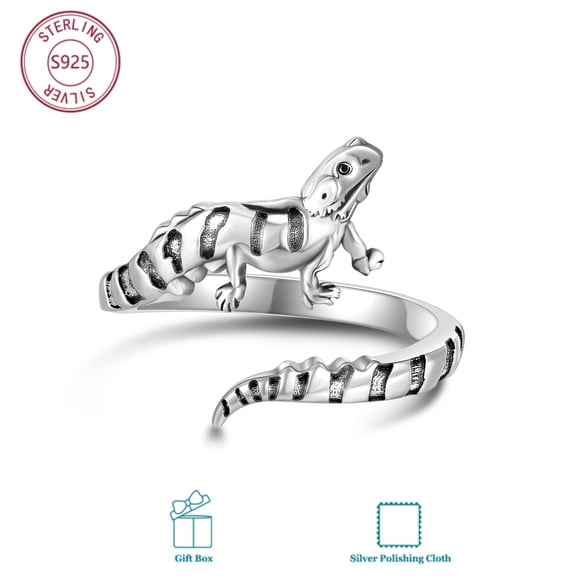 Bearded Dragon Rings 925 Sterling Silver Adjustable Warp Rings Jewelry Gift for Women