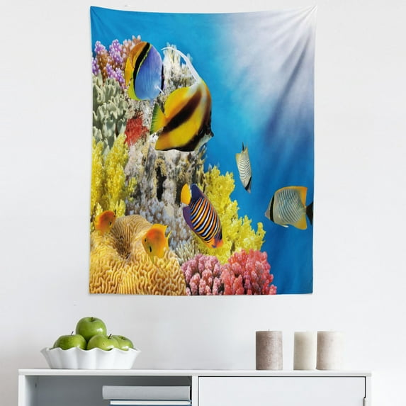 Ocean Tapestry, Coral Colony on a Reef Top in Red Sea Egypt Exotic Fishes Aquatic Underwater Life, Fabric Wall Hanging Decor for Bedroom Living Room Dorm, 5 Sizes, Multicolor, by Ambesonne